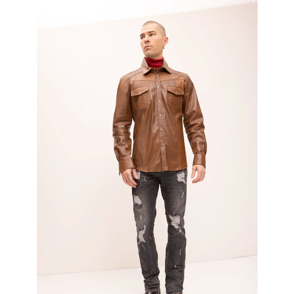 Brown Rom Tomson Lambskin Leather Button Down Shirt