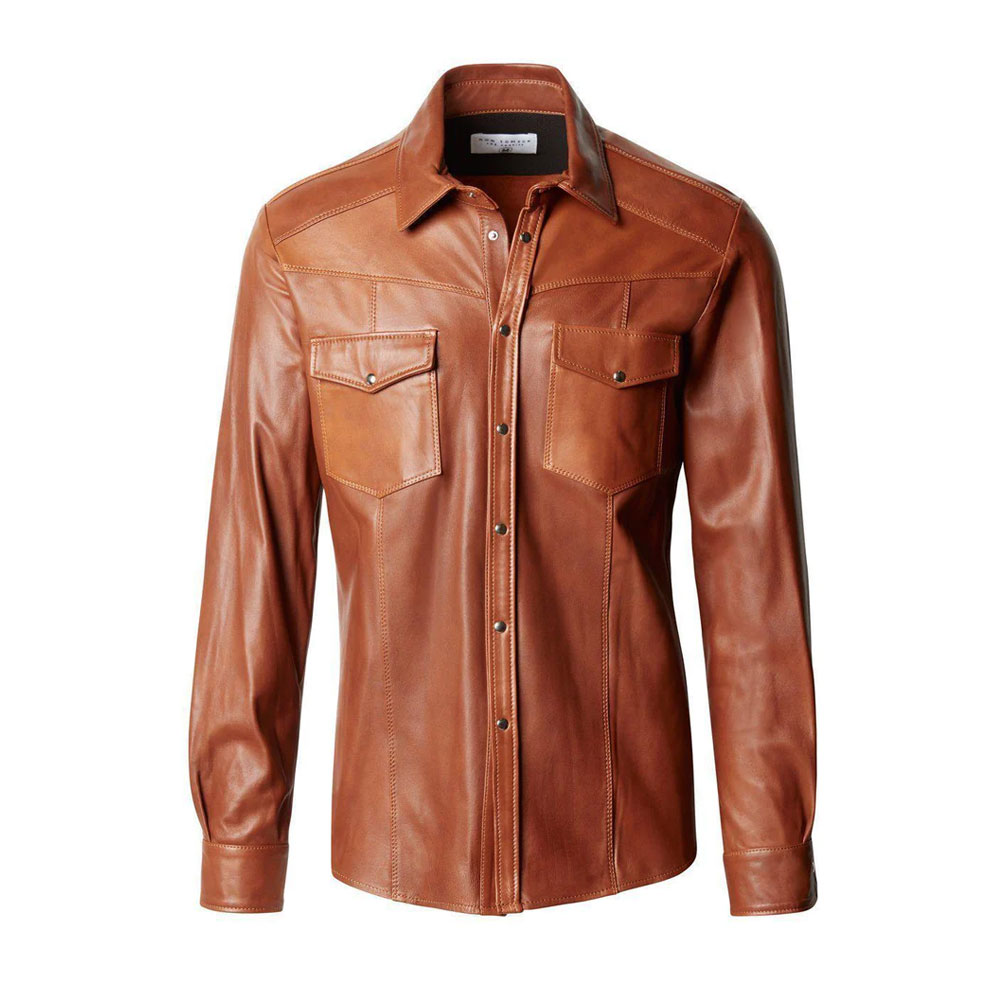 Brown Rom Tomson Lambskin Leather Button Down Shirt