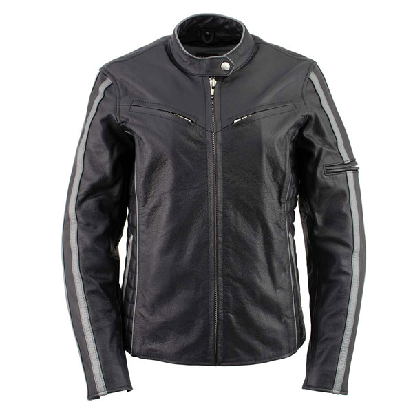 Womens Black Silver Multi Vented Leather Motorcycle Jacket